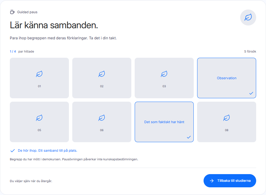 Memorypausen i Lekivos bokdemo: åtta kort med begrepp och förklaringar att para ihop.