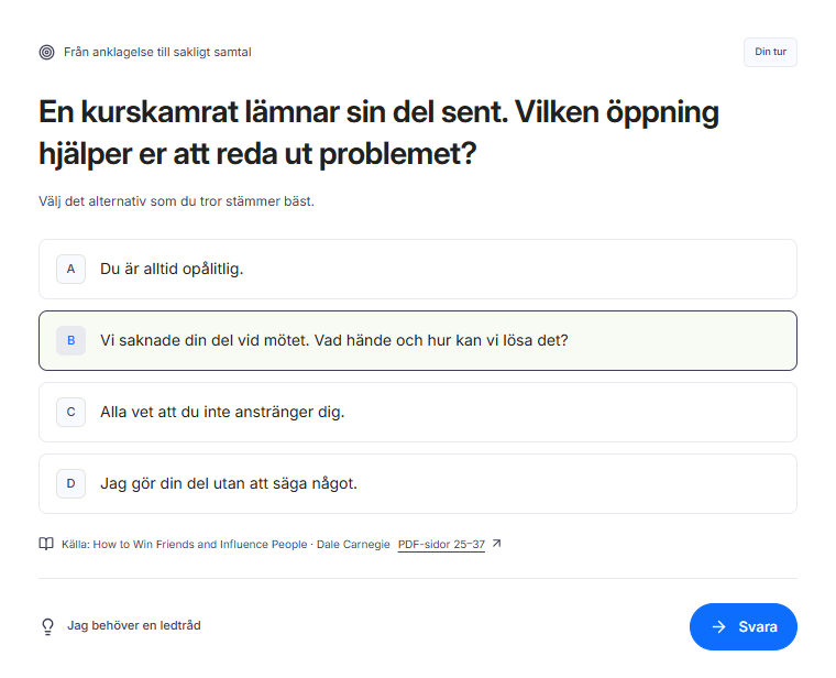 Lekivos bokdemo: en kursfråga med fyra svarsalternativ och stöd för att öva.